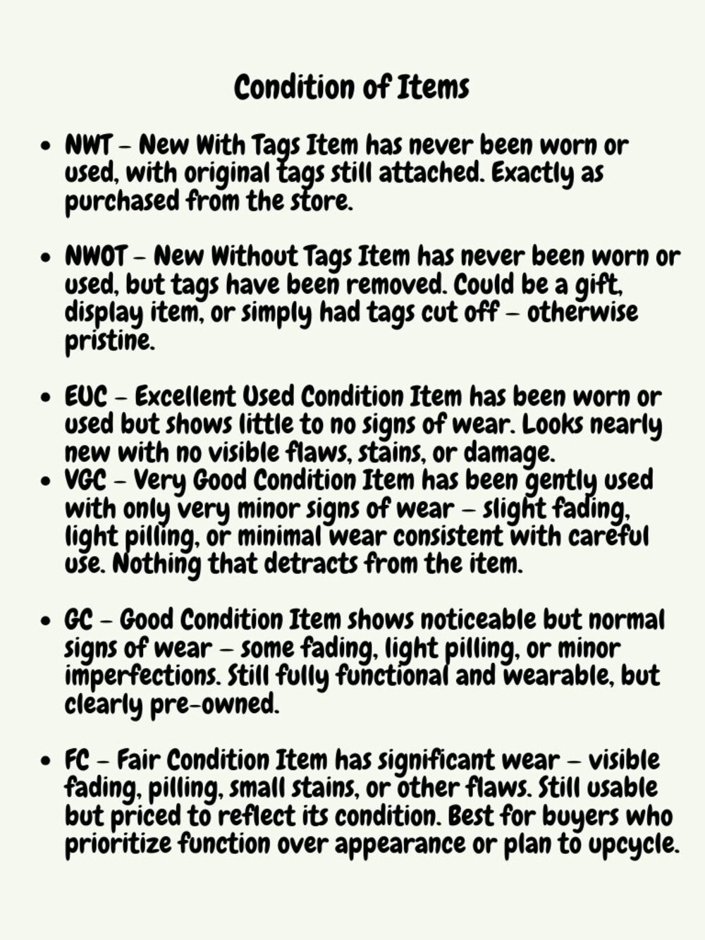 CONDITION OF ITEMS